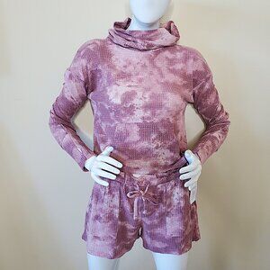 Pink Rose Cozie Beige/Mauve Tie-Dye Waffle Knit Turtle Neck Sweater Set SZ S